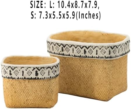 Rectangular Basket Planter Set with Geometric Trim for Indoor Outdoor Decor - Image 2