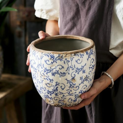 Reto Rustic Ceramic Flower Pots for Garden Plants and Succulents,Distressed Cracked Glazed Planters with Drainage Holes Tuscan Flower Pots for Outdoor,Bluel,with Hole by XIUWOUG