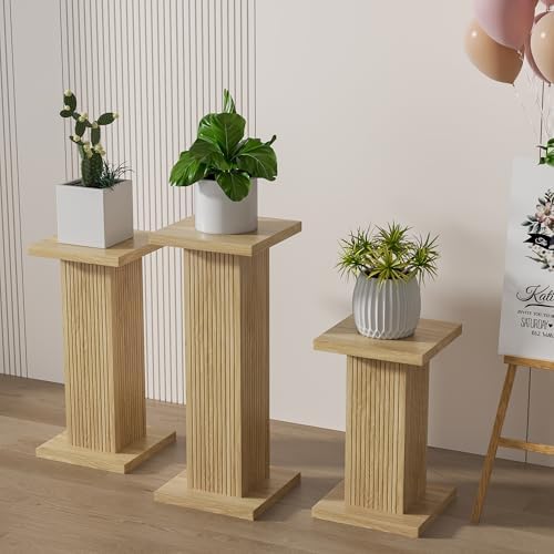 Fsbecl 3Pcs Oak Fluted Square Wooden Plant Pedestal Display Stands - Image 6
