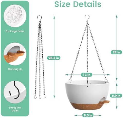 UOUZ 13 Inch 2 Pack Large Self Watering Hanging Planters for Indoor Outdoor Plants, Hanging Plant Pots with Removable 50 Oz Reservoir, Plastic Hanging Basket for Window Porch Garden, White with Brown - Image 5