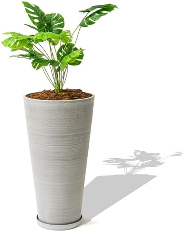 XBrand 28 in. Tall Round Tapered Planter for Indoor and Outdoor Patio Décor, Decorative Garden Flower Pot for Porch, Deck, Entryway and Backyard, Gray 1-Piece by XBrandHomeGarden