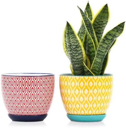 Selamica Ceramica Plant Pots, 6.5 Inch Flower Pots Set of 2 with Drainage Holes & Saucer, Planters for Indoor Plants, Home Decor, Assorted Colors by Selamica