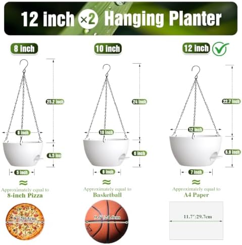 12 Inch Large Self Watering Hanging Planters 2 Pack with Saucers - Image 4