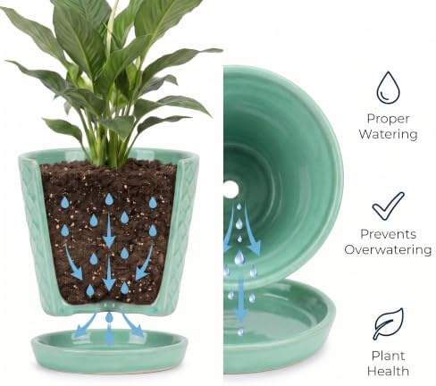EFISPSS Ceramic Plant Pots, 5 Inch Planters with Drainage Holes and Ceramic Tray, Relief Design Flower Planter, Desktop Office Windowsill Decoration Gift Set of 4 - Transforming Teal - Image 4