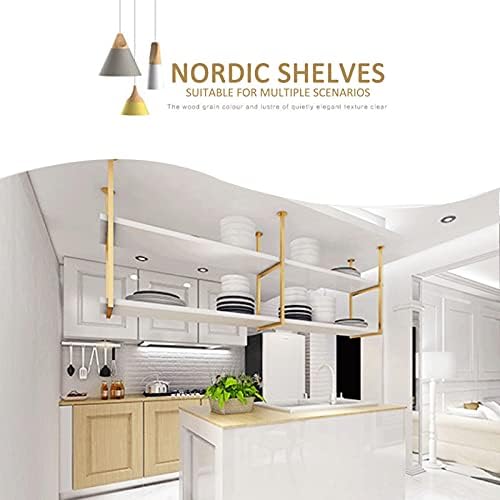 Hanging Ceiling Pot Pan Rack Kitchen Storage Shelving,White Wood Shelf and Gold Metal Iron Frame Wine Holder Flower Stand-60cm/80cm/120cm/150cm Floating Decor Display Racking for B - Image 4