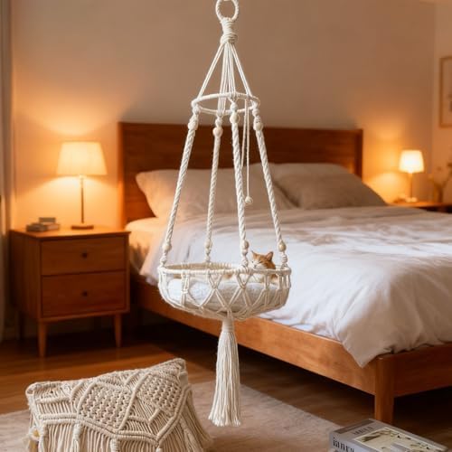 2 Pack Rope Macrame Plant Hanger Indoor Hanging Planter Basket with Hook, Pot Not Include, Cat Hammock Handwoven Tassel Swing Bed for Room Decor(A,1PACK) - Image 7