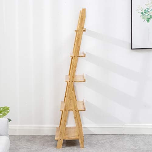Bookshelf & 5-Tier Bamboo Ladder Shelf & 59.4” Book Shelf Bookcase Floor Freestanding Multipurpose Bamboo Storage Rack Furniture for Home Office, Living Room, Kitchen, Office（Natural） - Image 4