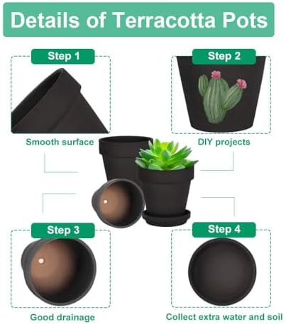 vensovo 6 Inch Black Terracotta & Clay Pots for Plant with Saucer - 4 Pack Medium Terra Cotta Planter with Drainage Hole, Flowerpot for Indoor Outdoor Plants, Crafts, Wedding Favor - Image 3