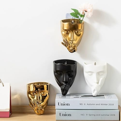 Ceramic Face Wall Planter — Small Wall Mounted Face Vase Head for Indoor Plants, Succulents & Cacti, Hanging Flower Pot with Drainage for Living Room Balcony Decor (Black, Silence) - Image 3