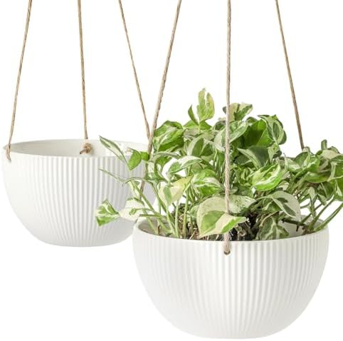 UBEE Ceramic Hanging Planters Indoor Outdoor, 7.5 Inch + 6.5 Inch Hanging Flower Pot for Plants Hanging Basket for Succulent Pothos Herbs Window Home Decor, 2 Pack, White - Image 2
