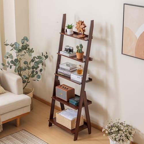 Maydear Bamboo Ladder Shelf Bookcase, 5-Tier Leaning Bookshelf Free Standing Organizer Storage Shelves for Living Room, Bedroom, Kitchen, Home Office, Balcony, Dark Walnut - Image 5