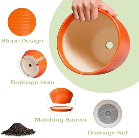 12 Inch Plant Pot, Ceramic Planters for Plants with Drainage and Saucer, Orange - Image 5