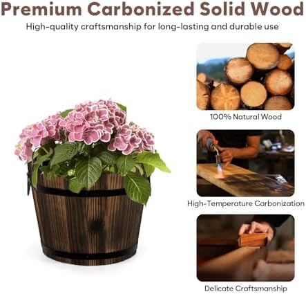 HakkaGirl Wooden Barrel Planters Flower Pots for Indoor Outdoor Plants, 10+11.5 inch Rustic Patio Garden Front Porch Planters Plant Pots Outdoor Decor Set of 2 - Image 3