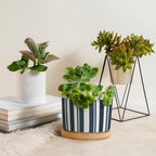 New Grain Sack Blue Stripes Planter Ceramic Round Plant Pots with Drainage Holes and Bamboo Tray Pot for Succulents Cactus Garden Windowsill - Image 4