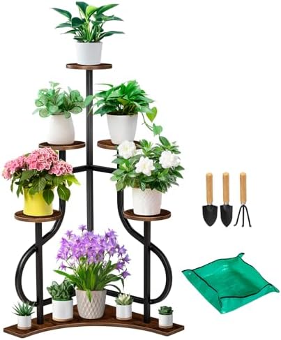 6-Tier Corner Plant Stand, Indoor Plant Stand with L-shaped Base, Aesthetic Metal Plants Shelf for Multiple Plants Flower Pot, MDF Outdoor Plant Holder for Patio Balcony (Rustic Brown) - Image 2