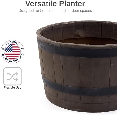 RTS Home Accents Polyethylene Whiskey Barrel Planter for Indoor or Outdoor Gardening, Woodgrain with Black Stripes (2 Pack) - Image 3
