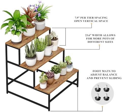 23.6" Wide Plant Stand Indoor, 3-Tier Modern Plant Ladder Shelf Corner Flower Pot Holder Organizer for Living Room Balcony Garden, Rustic Brown - Image 7