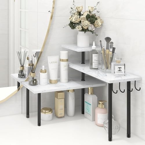 Homode Bathroom Counter Corner Shelf, 3 Tier Kitchen Countertop Organizer for Over The Sink, Make Up, Dresser Table, White Marble by Homode