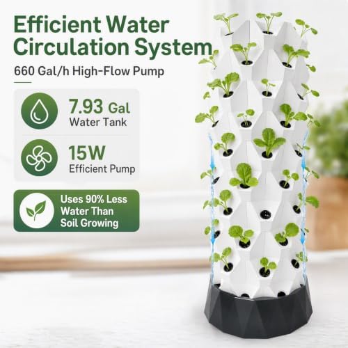 80 Planting Holes10-Tier Hydroponic Grow Tower Kit PP Hydroponic Gardening Tower System Vertical Indoor Garden Kit 7.93 Gallons Water Tank for Home Garden Lettuce Strawberry (7.93 Gallons Water Tank) - Image 3