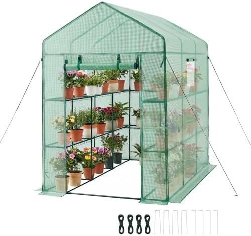 VEVOR Walk-in Greenhouse, 54" x 81.1" x 77.2" Greenhouse for Outdoors with Windows, PE Cover, 2 Tiers 14 Shelves, Roll-Up Zipper Door, Walk in Green House, Portable Plant Garden Hot House for Backyard by VEVOR