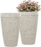 2-Pack 20" Vintage Ivory Resin Tall Planters with Fluted Texture - Image 2