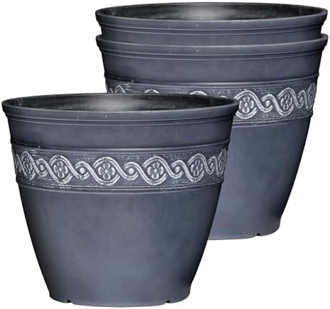 Classic Home and Garden Corinthian Round Resin Flower Planter Pot, Storm Gray 8" (Pack of 3) by GROWSCAPE
