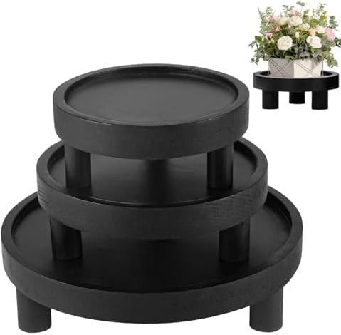 3 Pcs Wood Plant Stand Indoor Outdoor, Wooden Stool Display Stand 5/6/8" Round Riser Flower Pot Holder with Raised Edge Small Planter Tray Modern Potter Decorative for Garden Desktop Home Table Counter Room (Black) by Unknown