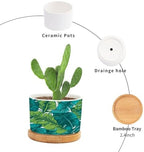 Turquoise Green Planter Ceramic Teal Blue Tropical Round Plant Pot with Drainage Holes and Bamboo Tray Pot for Home Office Desk Garden - Image 3