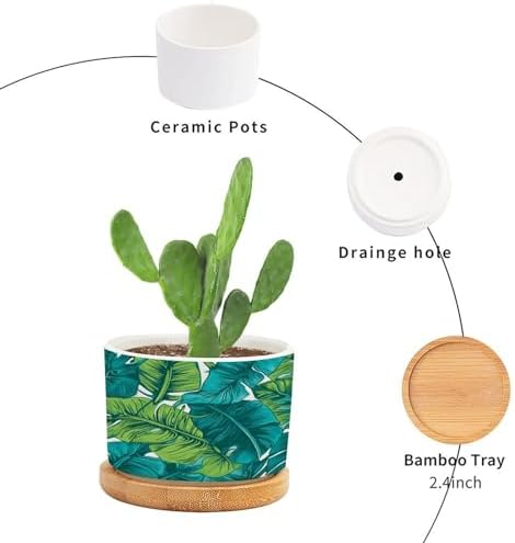 Turquoise Green Planter Ceramic Teal Blue Tropical Round Plant Pot with Drainage Holes and Bamboo Tray Pot for Home Office Desk Garden - Image 3