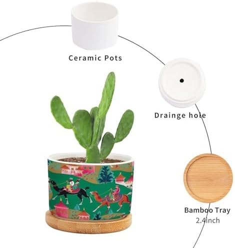 Bright Emerald Green Planter Ceramic Chinoiserie Decor Round Plant Pot with Drainage Holes and Bamboo Tray Pot for Home Desktop Office Windowsill - Image 3