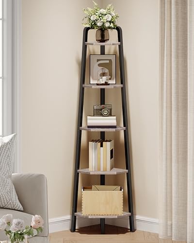 CHOEZON Corner Shelf, 5-Tier Ladder Corner Shelf, Ladder Bookshelf, 59.6" Tall Vertical Display Stand, Metal Frame Bookshelf, for Living Room, Bedroom, Kitchen, Greige and Black TCJ20BG by Choezon