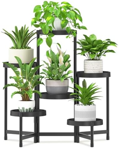 iDavosic.ly 6 Tier Folding Plant Stand Indoor Outdoor, Plastic Tray, Black by iDavosicly
