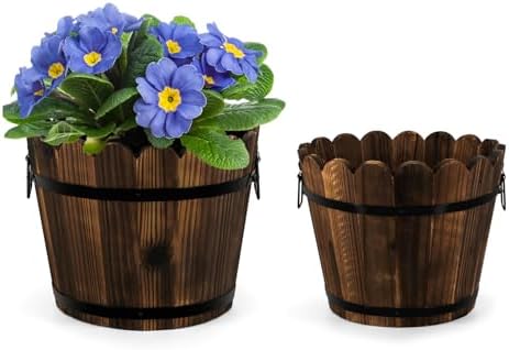 HakkaGirl Wooden Barrel Planters Flower Pots for Indoor Outdoor Plants, 10+11.5 inch Rustic Patio Garden Front Porch Planters Plant Pots Outdoor Decor Set of 2 by HakkaGirl