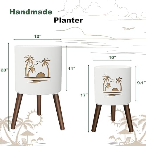 2 Set Plant Pot with Stand 10 & 12 inches – Large Indoor Pots for Plants with Solid Oak Wood Stand & Drainage, Palm，White ＆ Gold - Image 2