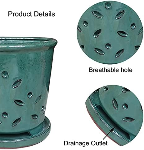 Ceramic Orchid Pots with Holes 6 Inch, Round Green Ceramic Orchid Pot with Saucer, Ceramic Air Plant Pot with Holes, Butterfly Pot Saucer Windowsill Contemporary Home Decoration, Forest Green - Image 4