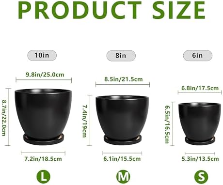 Ceramic Pots for Plants, 10+8+6 Inch Modern Flower Pot, Black - Image 3