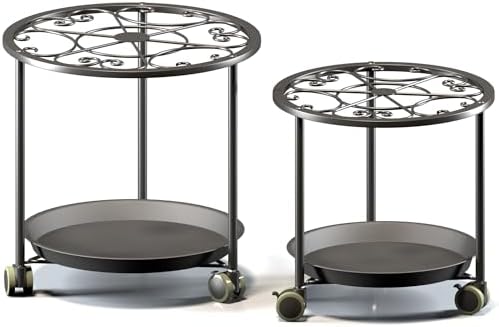 TOSKING 2-Pack Black Round Rolling Plant Caddies with Water Tray – Metal Stands with Wheels, Elegant Floral Pattern, for Indoor Planters (14" & 12") by TOSKINGESSENCE