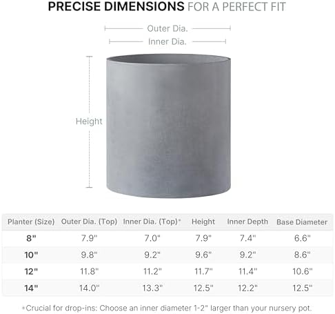 FaithLand 14 Inch Fiberstone Planter - Lightweight Modern Cylinder Plant Pot with Drainage Hole & Plug, Authentic Concrete Look, Gray - Image 3