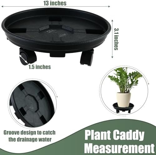 6 Packs 13 Inches Large Plant Caddy with Wheels Plant Saucers on Wheels Rolling Plant Stands Heavy-duty Plant Dolly Plastic Planter Roller Base Pot Movers Outdoor Plant Tray Coaster, Black - Image 3
