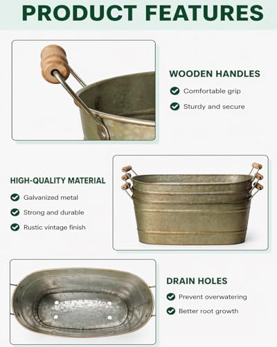 3 Pack 15 Inch Oval Planters with Handles, Antique Brass Galvanized Finish - Image 3