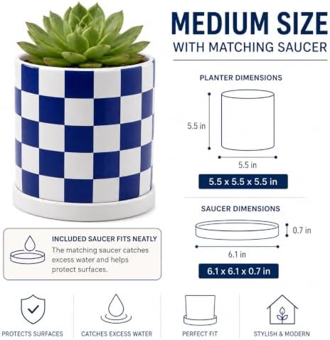 Checkered Ceramic Planter Pot with Drainage Hole and Saucer, Black and White Planters Decor,Indoor Cylinder Round Planter Pot (Blue, Medium) - Image 2
