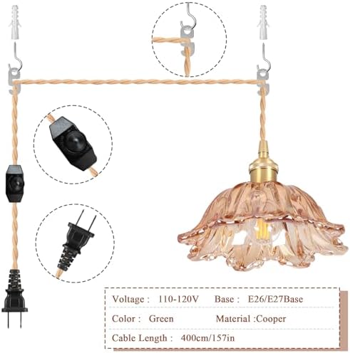 Plug in Pendant Light Fixtures,Hanging Light Fixture Amber Glass Pendant Light 10.6in E26 Pendant Lighting for Kitchen Island, Bedroom, Dining Room, Living Room - Image 6