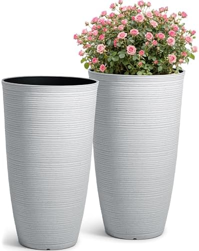 2-Pack 23.5" White Plastic Tall Tapered Planters with Ribbed Texture by Ultym