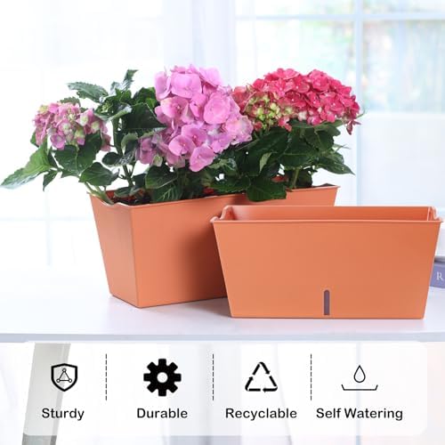 Window Box Planter 6 Pcs, 16.5 Inches Self Watering Rectangle Flower Plant Pots with Drainage Holes Trays, Vegetable Planters for Windowsill Patio Garden Balcony Porch Yard (Orange) - Image 2