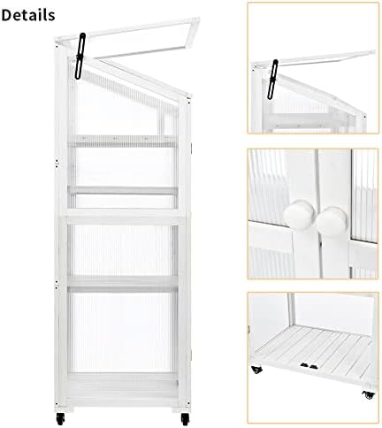 Portable Greenhouse Balcony Wood Polycarbonate Cold Frame Greenhouse Cabinet with Removable Wheels and Adjustable Shelves for Outdoor & Indoor Use - Image 7