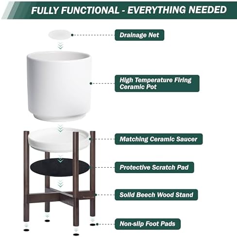 D'vine Dev Ceramic Pot with Walnut Wood Stand, White, 8 in, 55-B-Y-1 - Image 5