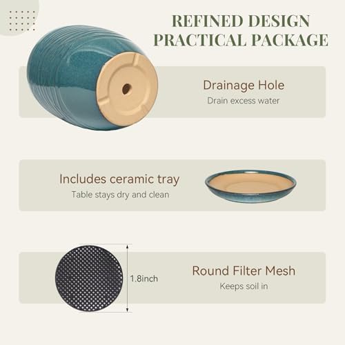 11.8 Inch Modern Ceramic Plant Pot with Saucer, Flower Pot with Drainage Hole Mesh Net,Indoor Outdoor Planter (Crackle-Blue) - Image 4