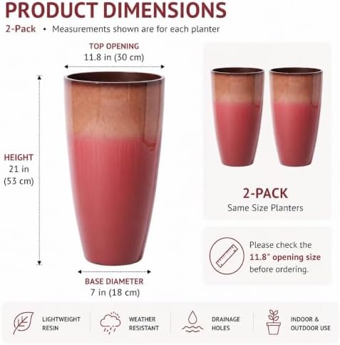 Outdoor Planter 21" Tall Planters Gardening Pots with Insert Shelf Accessories Weather-Resistant Plastic Flower Pot Front Porch Decor, Tan to Burgundy Gradient - Image 6