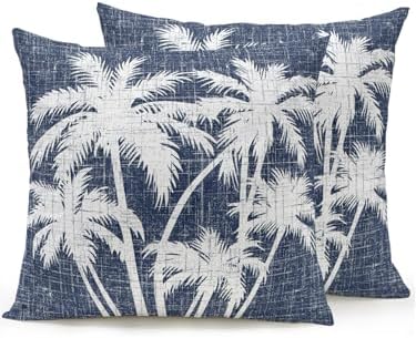 Outdoor Pillows Waterproof Set of 2, Tropical Palm Tree Patio Throw Pillows for Couch Bed Sofa with Insert, Vintage Dark Blue Exotic Botanical Plants Decorative Reading/Camping Pillow Set 18x18 Inch by Unknown