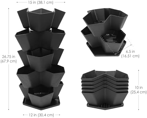 Tierra Verde Large Stackable Modular Planter with 5 Levels, Black - Image 4
